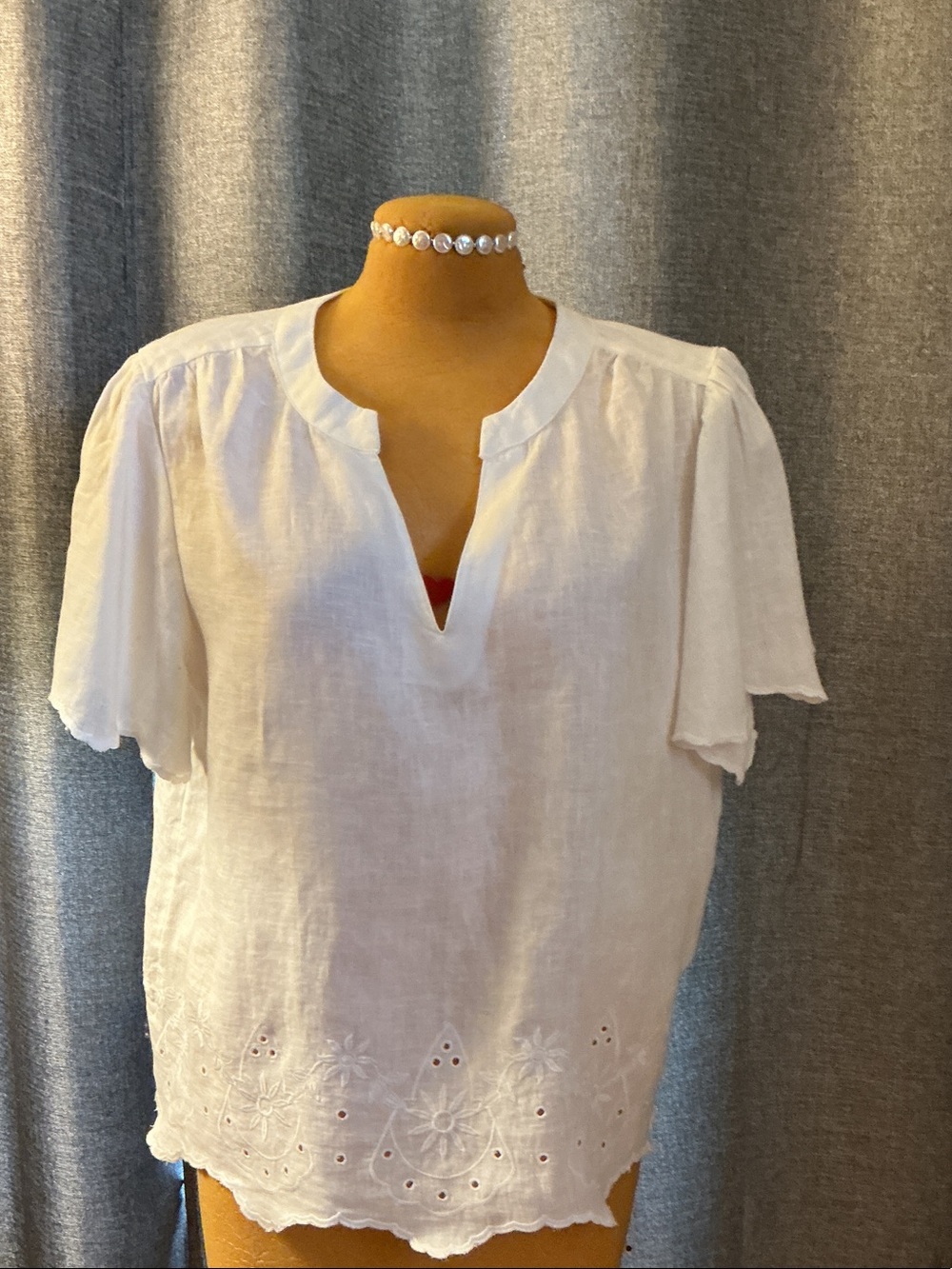Chico's White Linen Eyelet Split-Neck Top